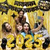 New Years Eve Party Supplies 2025, Happy New Year Decorations 2025 Kit, Gold and Black Balloons Supplies with 2025 Foil Balloons Happy New Year Banner Gold Fringe Curtains Backdrop for NYE Decorations