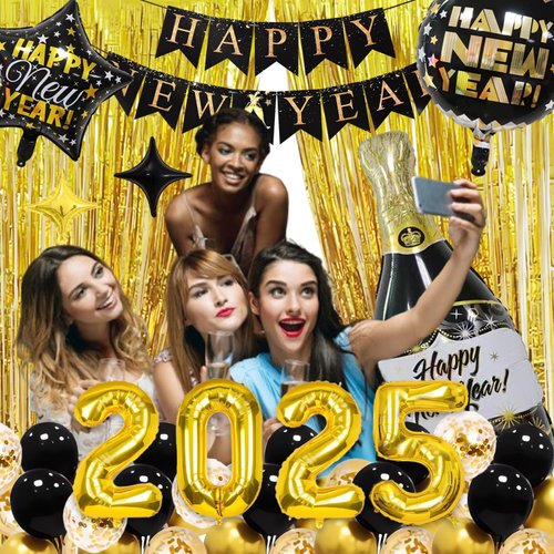 New Years Eve Party Supplies 2025, Happy New Year Decorations 2025 Kit, Gold and Black Balloons Supplies with 2025 Foil Balloons Happy New Year Banner Gold Fringe Curtains Backdrop for NYE Decorations