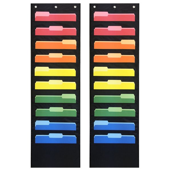 Pack of 2 - Ten Pocket Compact Storage Pocket Chart, Hanging Wall File Organizer by Essex Wares - Organize Your Assignments, Files, Scrapbook Papers & More (Black) (10 Pocket)