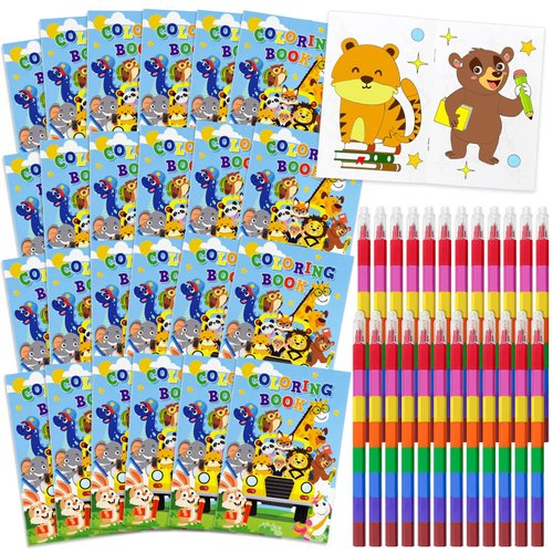 24 Coloring Books for Kids Bulk With 24 Stacking Crayons Set Mini Coloring Books Bulk for Ages 2-4-8-12 Small Activity Books For Birthday Party Favors Gifts Goodie Bags Stuffers School Classroom