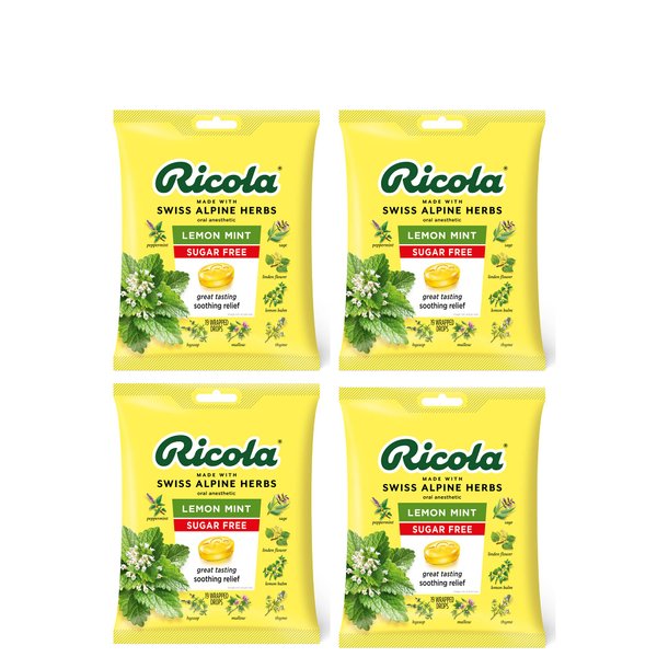 Ricola Sugar Free Lemon Mint Herbal Cough Suppressant Throat Drops, 19ct Bag, Pack of 2