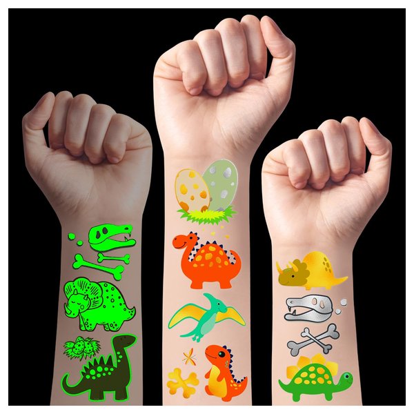 TatoYard Birthday Party Supplies Temporary Tattoo Kids, (Glow + Metallic Glitter) Tattoos Stickers for Kids Party Favors Decorations,Goody Bag Stuffers (Dinosaur)