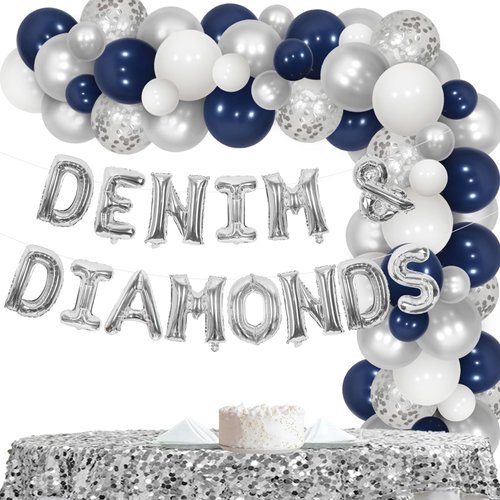 Wonmelody Denim and Diamonds Bachelorette Party Decor Denim & Diamonds Balloon Banner Navy Blue and Silver Balloon Garlands Kit Diamond and Pearls New Jeans Party Supplies for Jewelry Bridal Shower