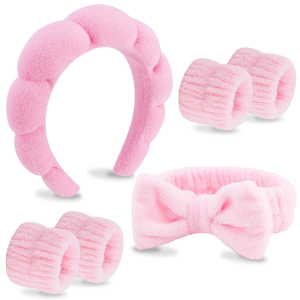 VELSCRUN 6 Pack Spa Headband, Makeup Headband, Face Wash Headband, Skincare Headbands, Pink Sponge Hair Band Bow Tie Spa Headband for Washing Face Wristband Set Hair Accessories for Women Girls Gifts