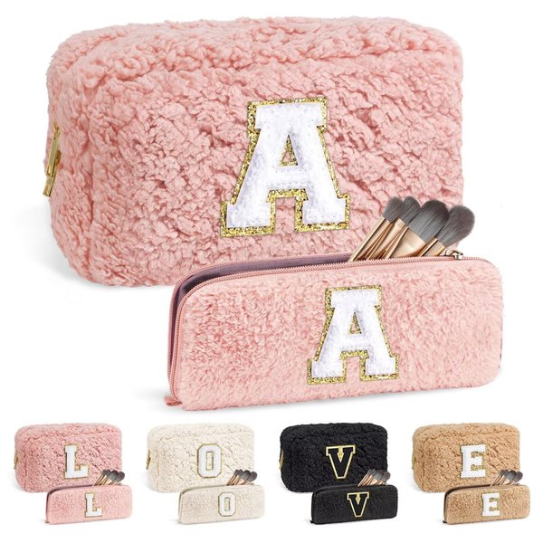 YOOLIFE Birthday Gifts for Girls, 2 Pieces Pink Cotton Wool Makeup Bag Cute Monogram Makeup Bag Personalized Gifts for Teen Girls Tween Girls Gifts Women Birthday Gifts Big Sister Gifts (Pink A)
