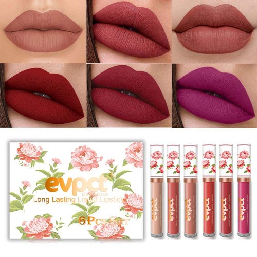 evpct 6Pcs Peony Flower Liquid Matte Lipstick Set,Dark Red Purple Permanent Lipsticks Lip Stain Set for Women Long Lasting Waterproof 24 Matt Lippies labiales larga duracion 24