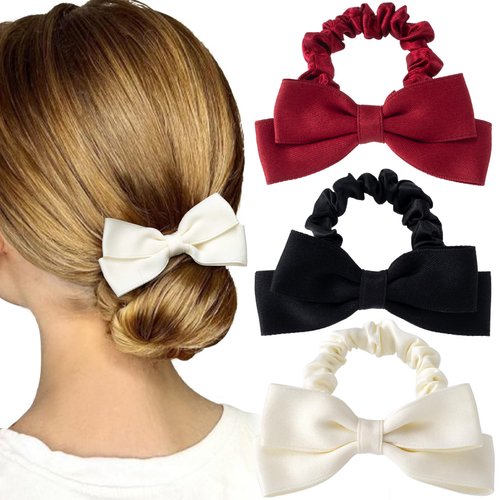 HINZIC 3pcs Silk Bow Scrunchies Black Red White Bowknot Hair Ties Elastic Ponytail Holder Wedding Prom Engagement Halloween Christmas Accessories for Women