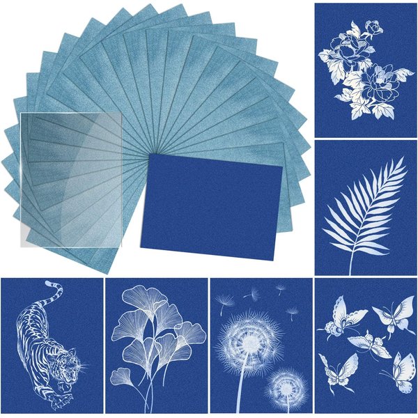 Sun Print Paper Kit Cyanotype Paper, 24 Sheets Cyanotype Papers with 1 Sheet Acrylic Panel, High Sensitive Nature Sun/Solar Activated Sun Printing Art Paper for Arts Crafts DIY Project