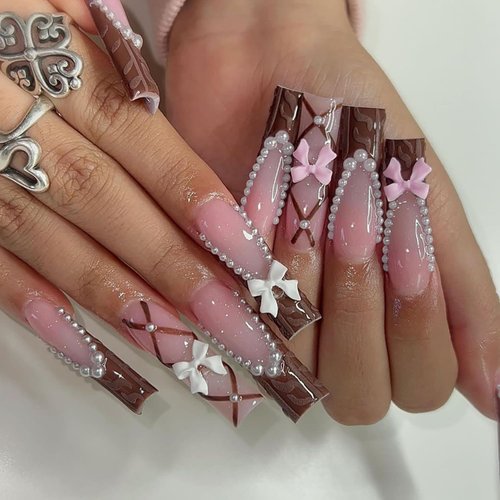 24 Pcs French Tip Press on Nails Long Coffin Fake Nails with Glue Pink Full Cover False Nails with 3D Nail Charms Designs Ballerina Nail Tips Cute Stick on Nails Artificial Nails for Women