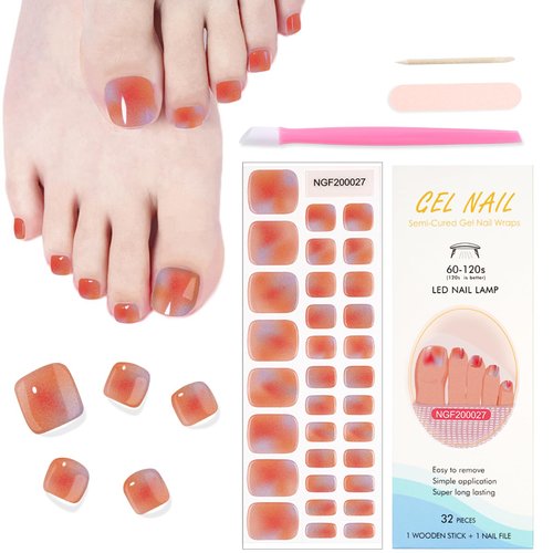WOKOTO Semi Cured Gel Nail Strips For Toenails, 16 Size 32 Tips Gradient Design Toe Nail Polish Strips With Nail File & Wooden Stick, Works With Lamps, Salon-Quality, Long Lasting, Easy To Use