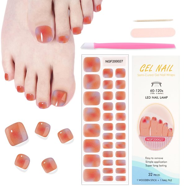WOKOTO Semi Cured Gel Nail Strips For Toenails, 16 Size 32 Tips Gradient Design Toe Nail Polish Strips With Nail File & Wooden Stick, Works With Lamps, Salon-Quality, Long Lasting, Easy To Use