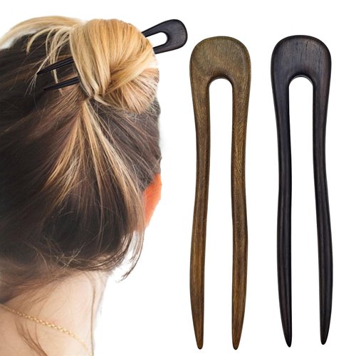 2 PACK Wooden Hair Forks, U Shaped Hair Pins for Buns, French Vintage Matte Hairpins, Valentines Christmas Wedding Prom Decorative accessories for Women Girls Long Thick Hair Updo (Style 2)