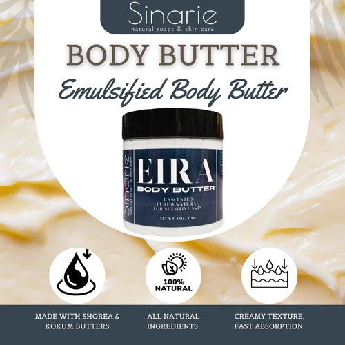Sinarie Emulsified Body Butter - Luxurious Moisturizing Lotion with Shorea, Squalane, Coconut Oil & Kokum Butter, 4 oz (4 oz., Eira - Unscented)