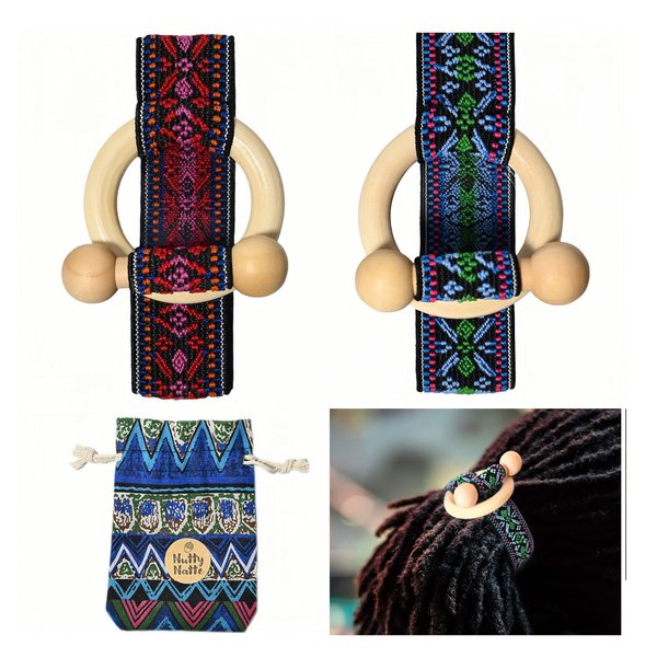 Nutty Natte 2 Pcs Knotted Elastic Hair Tie for Dreadlock and thick hair Accessories extra long wide elastic embroidered rubber band Ponytail Holders Loc Hair Accessories Long Dread Toggle wood Bands