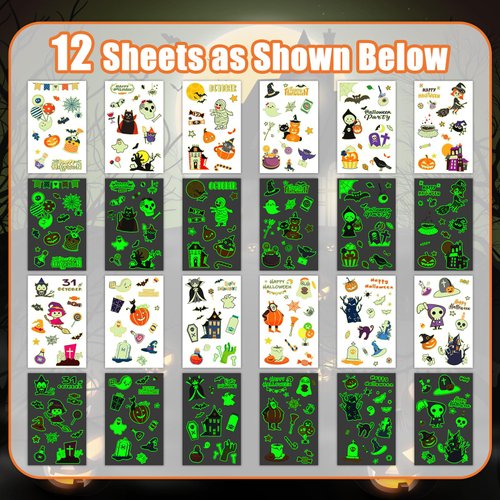 TatoYard 132 Styles Halloween Glows Party Temporary Tattoo Decorations for Girls and Boys, Bulk Birthday Party Favors Waterproof Tattoo Supplies, Halloween Goodie Bag Stuffers for Kids' Party