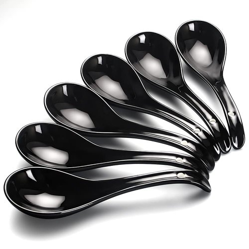 Asian Soup Spoons - YFWOOD 6.75 Inch Ceramic Ramen Spoon,Black Chinese Soup Spoons,With Deep Oval Hook Design,Perfect for Pho,Wonton,Dumpling And Miso Soups,Set Of 6
