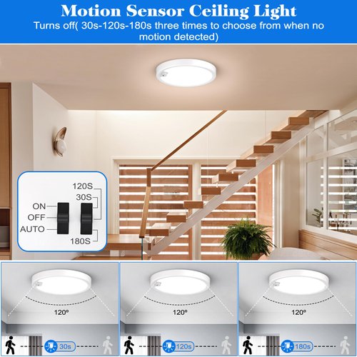 Motion Sensor Ceiling Light Wired, LED Flush Mount Ceiling Light Fixture 18W/1600LM, Motion Sensor Light Indoor for Stair Closet Porch Hallway Laundry, Time Dimmable Ceiling Lights 3000k/4000k/6000k