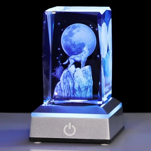 YWHL 3D Crystal Wolf Gifts for Man Women, Wolf Figurines Gifts with Light Base for Wolf Lovers on Birthday Christmas, Figurine Collection for Home Decor