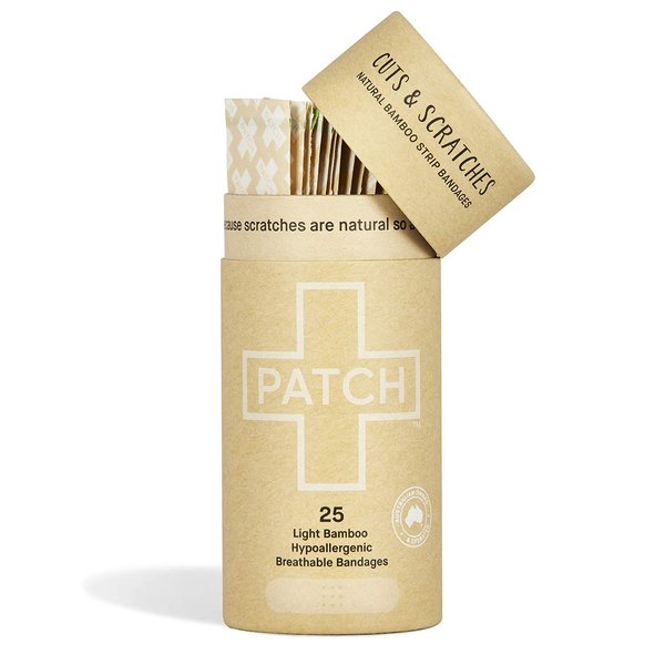 PATCH Eco-Friendly Bamboo Bandages for Cuts & Scratches, Hypoallergenic Wound Care for Sensitive Skin - Compostable & Biodegradable, Latex Free, Plastic Free, Zero Waste, Natural, 25ct