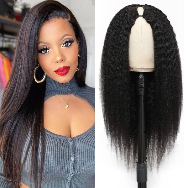 OLFORY V Part Wig Human Hair Wigs for Black Women Kinky Straight V Part Wig 12A Virgin Hair Half Wigs for Women No Lace Upgrade U Part Human Hair Wigs Full Head Clip in Half Wig V Shape Wigs (20inch)