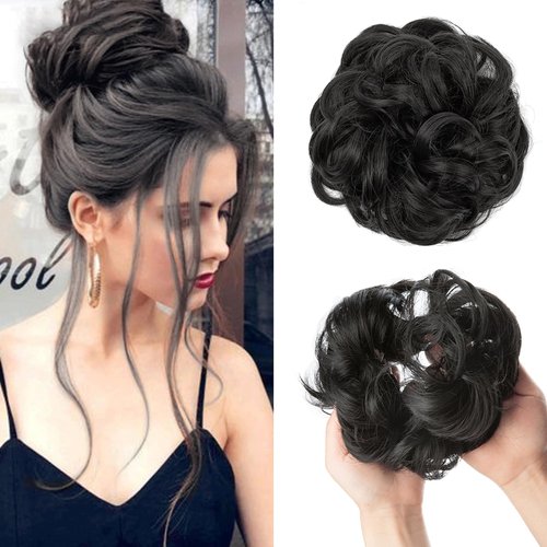 HIZEMLK 1PCS Messy Bun Hair Piece Messy Hair Bun Scrunchies for Women Wavy Curly Chignon Ponytail Hair Extensions Synthetic Thick Tousled Updo Bun (Natural Black)