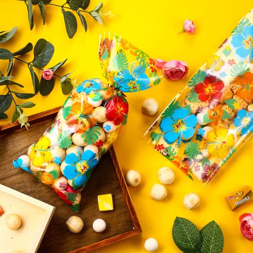 100 Hibiscus Luau Cello Bag Tiki Party Supply Aloha Luau Party Decorations, Hibiscus Goody Bags Candy Cellophane Bag Treat Bags for Hawaii Party Summer Table Setting