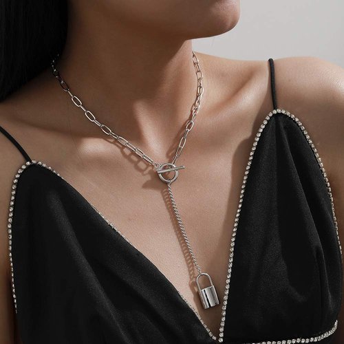 fxmimior Dainty Gold Silver Chain Y Long Layered Necklace Stackable Lock Choker Necklace Minimalist Necklace Chain Jewelry for Women and Girls (Silver)