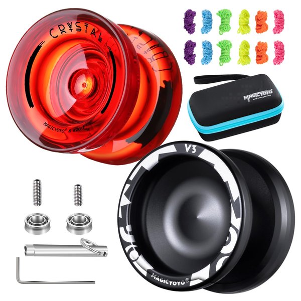 Yoyo 2 Pack Responsive Yoyo for Kids, Dual Funtion Professional Metal Yoyo V3 + Cystal Yoyo K2 with 12 Yoyo Strings, Yoyo Case Bag, Removal Bearing Tool (V3 Black + K2 Red)
