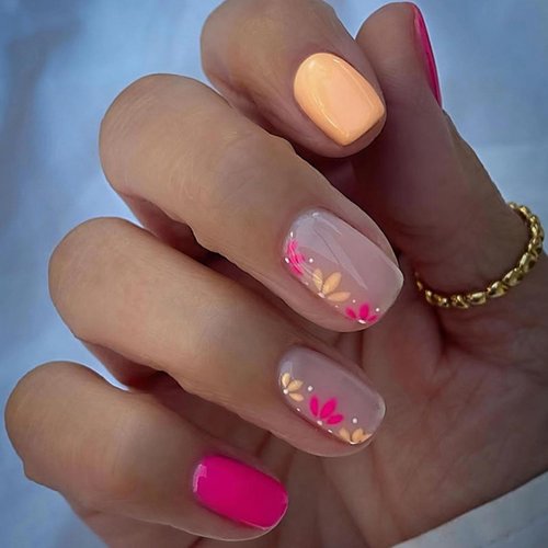 Square Press on Nails Short Flower Fake Nails Full Cover Colorful Acrylic Nails with Red Yellow Flower Designs Stick on Nails Glossy Artificial Nails Acrylic Nails for Women Girls 24pcs