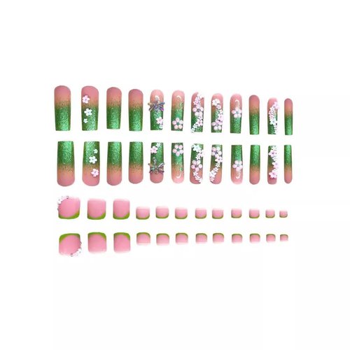 48 Pcs Pink Press on Nails Long Square & Press on Toenails Set - YEFIUO White French Fake Nails Press ons Nail Art Tip Glue on Nails Full Cover Acrylic False Toe Nail Kit with 3D Bow Rhinestone Design