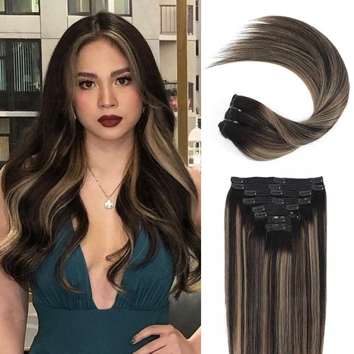 Goulus Human Hair Extensions Clip in Balayage Natural Black to Caramel Brown Ombre Clip in Hair Extensions Real Human Hair 8pcs 120g Thick Stright Full Head Hair Extensions(1B/27/1B,18inch)