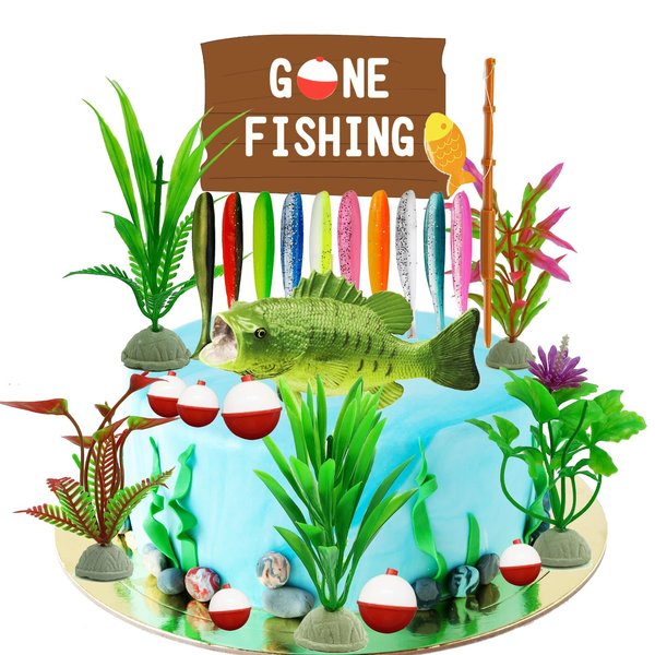 Gone Fishing Cake Topper Reusable - 24 Pieces Fish Cake Decorations, Great for Boys Men Fishermen Fishing Themed Birthday Party Event Decoration Supplies