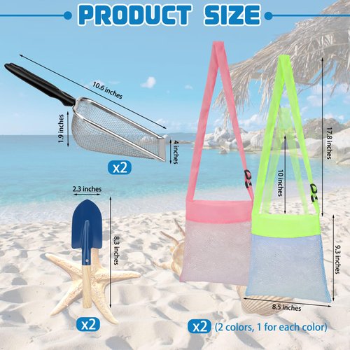 Mototo 6 Pack Beach Toys with 2 Beach Mesh Shovel 2 Seashell Bag 2 Small Shovel Shark Tooth Sifter Seashell Collecting Bags for Kit Adults Picking Up Shells Sand Sifters Sand Toys (6 PCS)