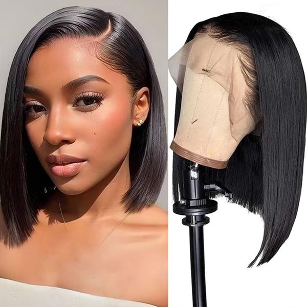 LYBYL Lace Front Bob Wigs Human Hair 13x4 HD Lace Glueless Bob Wig Human Hair 14 Inch Short Straight Frontal Bob Wigs for Black Women Human Hair Pre Plucked with Baby Hair Side Part 150% Density
