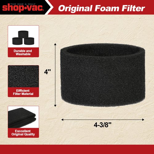Shop-Vac 90525 Foam Sleeve Filter Replacements, For Most 1 Gallon Shop-Vac Wet/Dry Vacuum Cleaners, Replace Parts # 9052500, 3 Pack