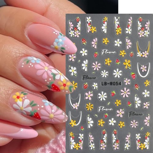 4 Sheets 5D Embossed Flower Nail Art Stickers,Self Adhesive Daisy Nail Stickers for Nails DIY Manicure Decorations with Tweezer (Flower-4Sheets)