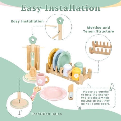 Masonbaby Wooden Play Kitchen Accessories Toys for Toddlers 3+, 22 PCS Kids Play Kitchen with Cute Cutlery Rack&Dish Rack,Play Dishes for Kids Kitchen,Montessori Pretend Birthday Gifts for Girls Boys