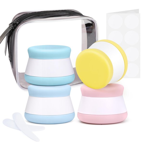 INSFIT Travel Containers for Toiletries, TSA Approved Silicone Cream Jars, Travel Size Containers with Lids, 4PCS BPA Free Leakproof Travel Accessories for Liquid Lotion with Labels Mini Spatulas