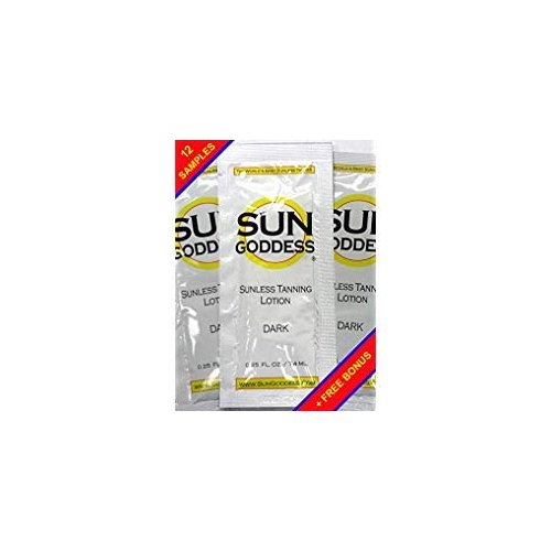 Sun Goddess - TWELVE (12) Sunless Self Tanning Lotion Samples + 1 Sunless Self Tanning Applicator Mitt + 1 Pair Sunless Self Tanning Application Gloves - Sun Goddess - Best Sunless Self Tanner Lotion