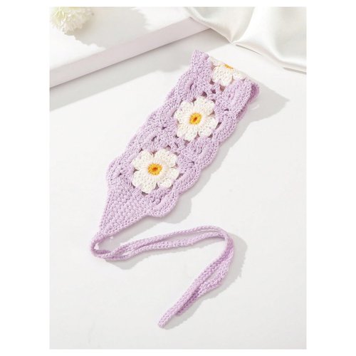 Verdusa Women's Floral Crochet Head Scarf Knitted Tie Hair Bandana Headband Head Kerchief Purple One-Size