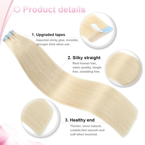 Evala tape in hair extensions human hair blonde tape in extensions 60 Platinum Blonde remy hair extensions tape in 20pcs 50g real human hair extensions seamless straight natural hair 18 inch