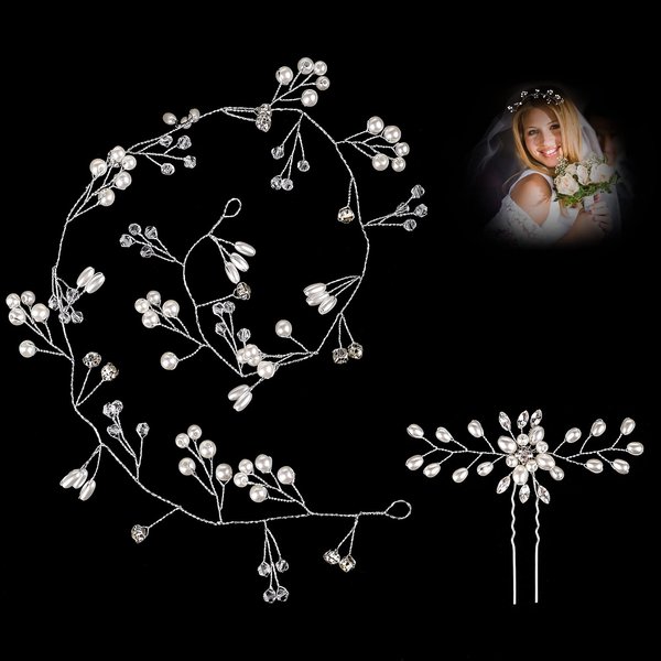 QXUJI Crystal Bridal Headband, Handmade Pearl and Crystal Wedding Headpieces with Hair Pins, Extra Long Bridal Hair Vine, Hair Accessories for Bridesmaid and Flowergirls, 20 Inches