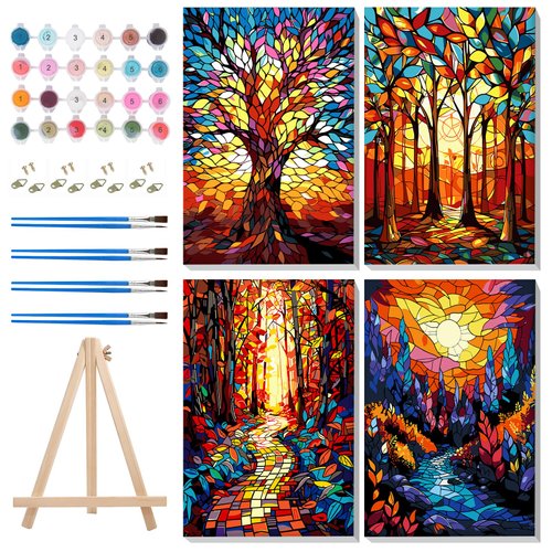 MISCER 4 Pack Paint by Numbers for Adults Beginner, Trees Paint by Number Kits with Easel, DIY Acrylic Oil Painting Suitable for Home Decoration (8 * 12 Inch)