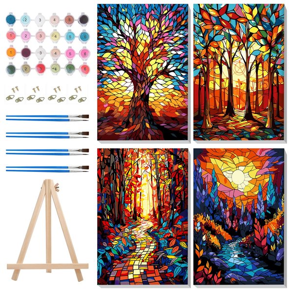 MISCER 4 Pack Paint by Numbers for Adults Beginner, Trees Paint by Number Kits with Easel, DIY Acrylic Oil Painting Suitable for Home Decoration (8 * 12 Inch)