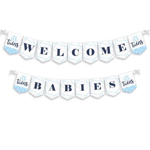 Big Dot of Happiness It’s Twin Boys - Blue Twins Baby Shower Bunting Banner - Party Decorations - Welcome Babies