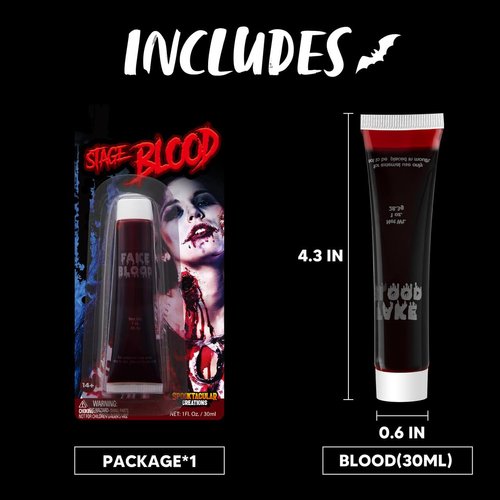 Spooktacular Creations Fake Blood Tube, 1 oz Halloween Blood for Zombie Makeup, Vampire Blood, Washable Fake Blood for Clothes, Face Paint Stage Blood for Halloween Costume Makeup & Dress Up