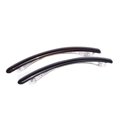 Parcelona French Skinny Rounded Tortoise Shell Brown and Black 4” Celluloid Automatic Set of 2 Hair Clip Barrettes for Women and Girls