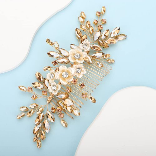 BERYUAN Bridal White Flower Champagne Gold Crystal Rhinestone Hair Comb for Bride Bridesmaid Sliding side Headpieces Wedding Hair Accessories for Women and Girls (Champagne gold)