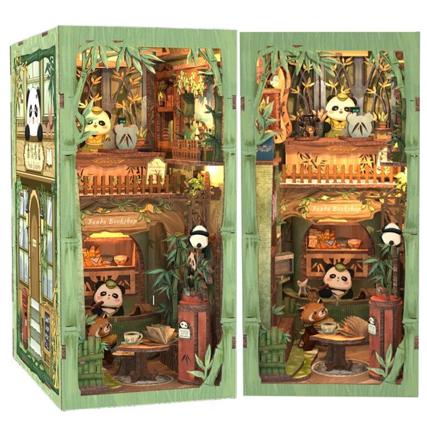 CUTEBEE Book Nook Kit - DIY Miniature House Kit for Beginners and Adults, Tiny House Dollhouse Booknook Library Bookshelf Decor, 3D Wooden Puzzle Gifts for Family and Friends (Panda Bookshop)