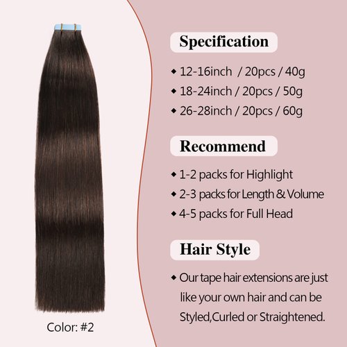 Sunya Tape in Hair Extensions Human Hair 18 inches Silky Straight Remy Human Hair Seamless Skin Weft Hair Extensions Tape in 18 inches #2 Dark Brown 50 Gram 20Pcs/Pack Thick Hair